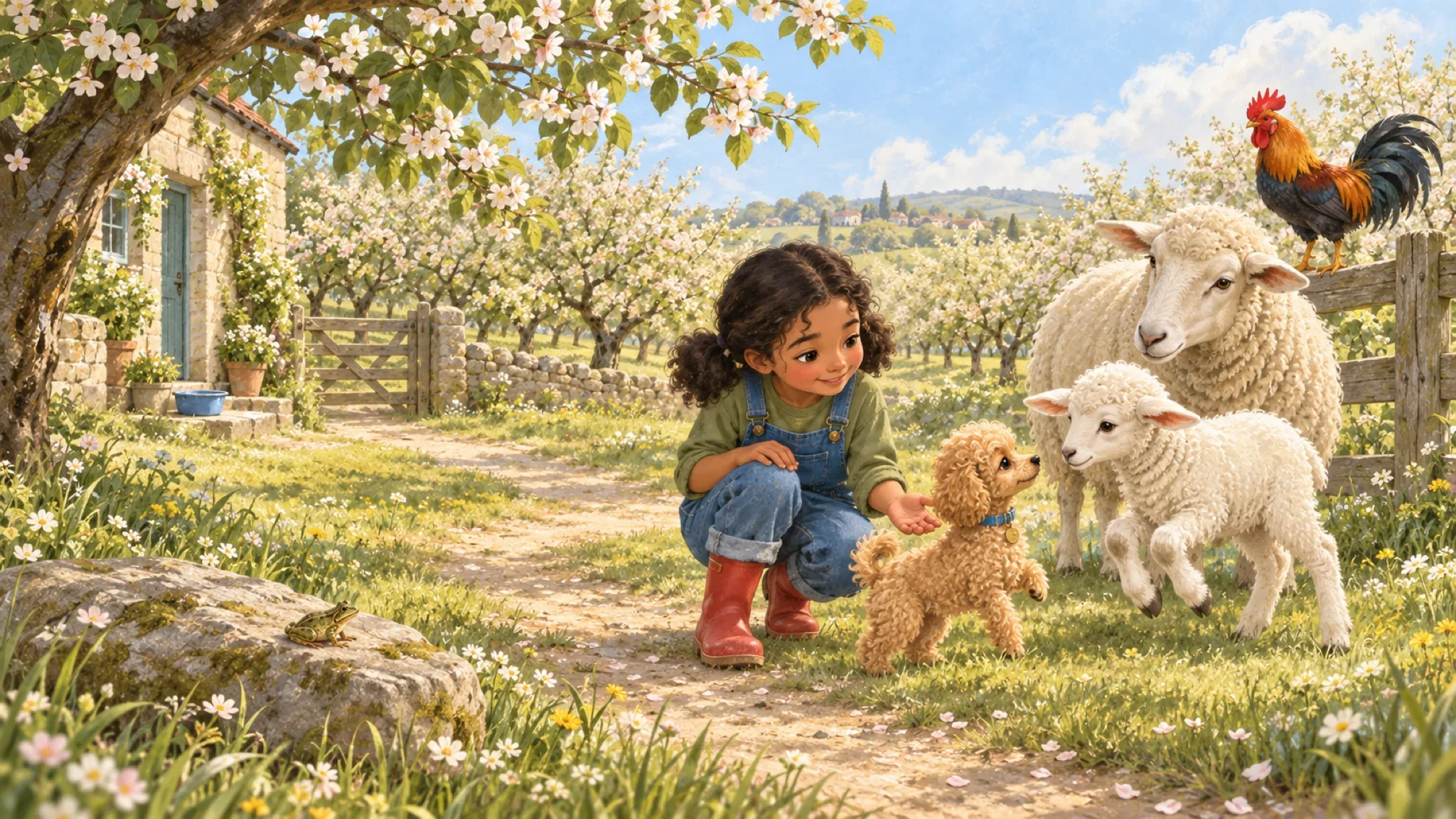 Tiny apricot poodle Lola meets a lamb beside Maya in a sunlit village orchard.