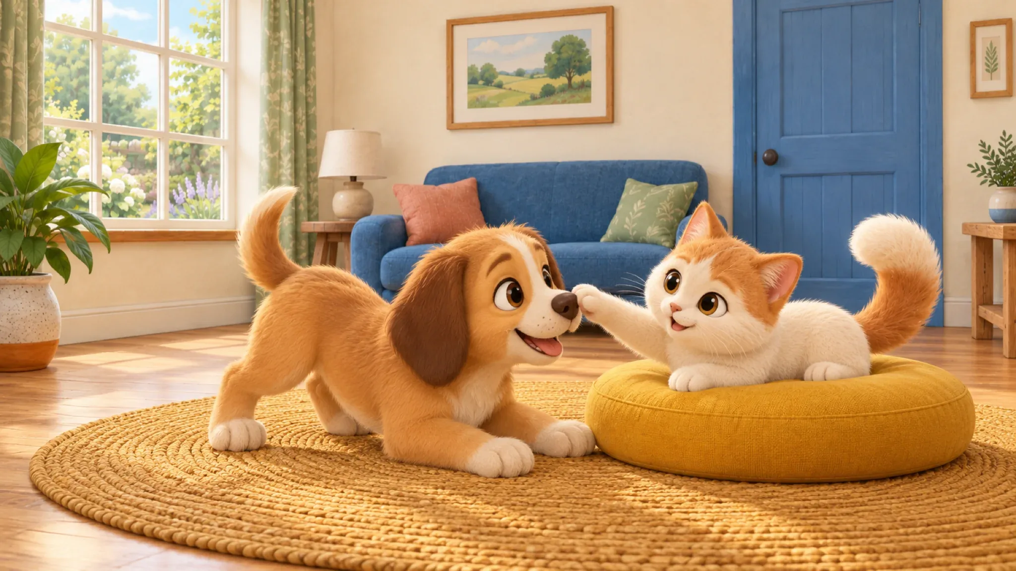 Pudding, an orange-and-white cat on a yellow cushion, reaches toward his puppy friend Dash.